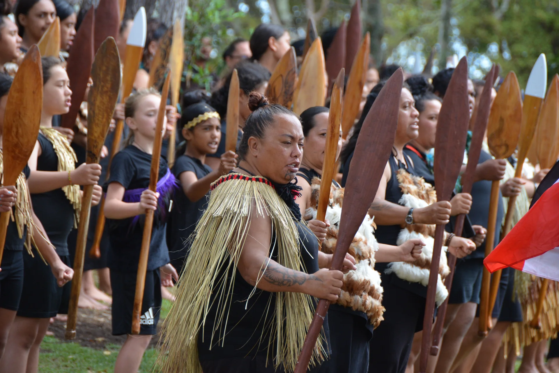 A line of Māori performers holding taiaha during a pōwhiri ceremonial challenge on the lawn at the Waitangi Treaty Grounds in daylight